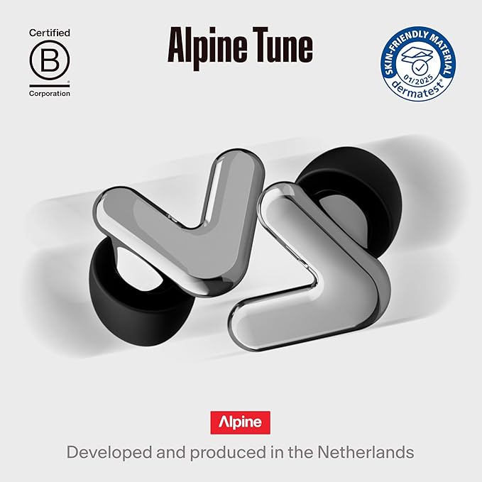 Alpine Tune Earplugs, Concert Ear Plugs for Noise Reduction, High Fidelity Music Quality, 19dB Hearing Protection with Crystal Clear Sound, Incl. 4 Sizes, For Parties, Raves, Festivals & Clubs, Silver