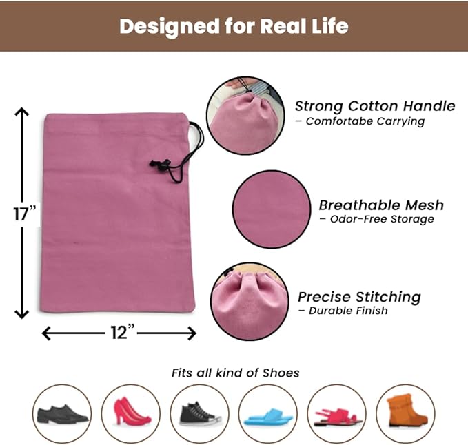 LFH Cotton Rich Shoe Storage Bags with Drawstring, Dustproof Breathable Reusable Organizer, Perfect For Travel, Dorm, Hotel, College, Gym, Easy to Carry, Machine Washable 12"x17" (Pack of 2) - Pink