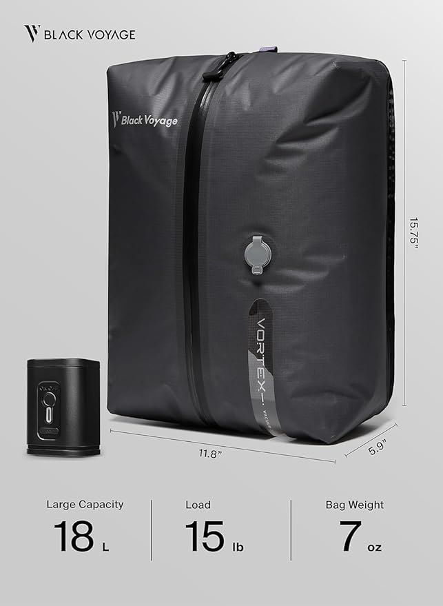Black Voyage Reusable Vacuum Compression Travel Bag for Carry-On Suitcase and Backpack, Recycled IP67 Waterproof Space Saver Vacpack (1-Pack, 18L - No Pump)