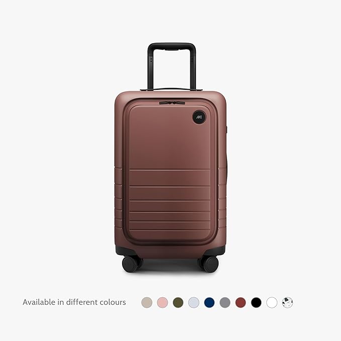 Monos Carry-On Pro Plus Luggage (23"), Hardside Spinner Suitcase with TSA Lock & Front Pocket, Airline Approved, Terracotta, Red