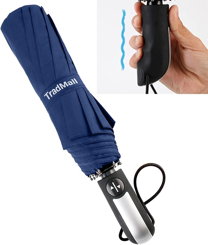 TradMall Travel Umbrella Windproof with 46 Inches Large Canopy 10 Reinforced Fiberglass Ribs Ergonomic Handle Auto Open & Close, Navy Blue
