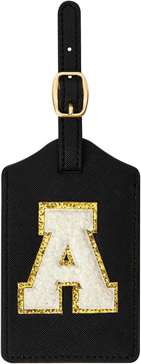Initial Luggage Tag, PU Leather Luggage Tag, Embroidered Luggage Tag, Letter Luggage Tag, Monogrammed Luggage Tag, Luggage Tag for Baggage Bag Suitcase (A, Black Leather+White Letter)
