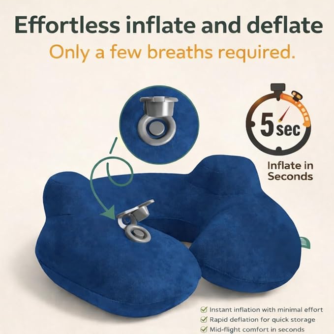 Inflatable Travel Neck Pillow with Adjustable Memory Foam Sides | Lightweight, Soft & Portable Support (Navy Blue, Standard)