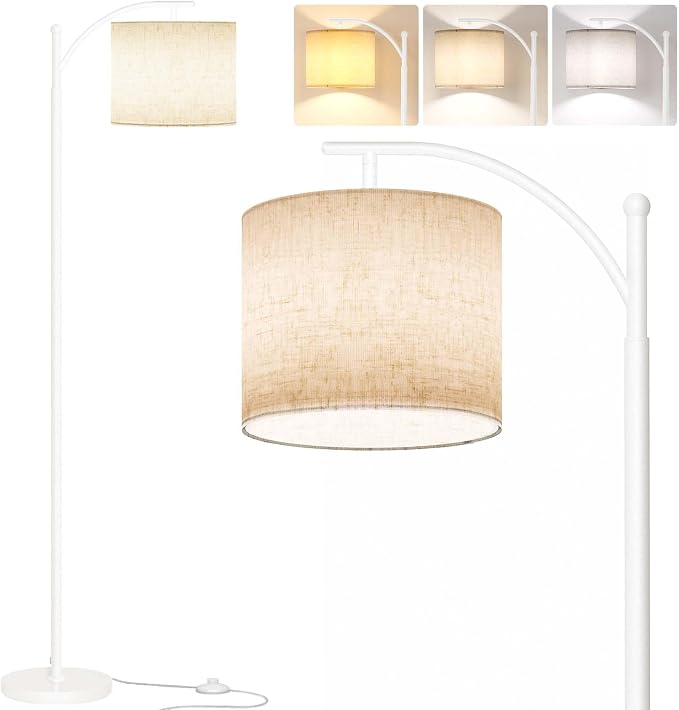 SUNMORY Arc Floor Lamp for Living Room, Modern Tall Standing Lamps, White | 3 Color Temperatures, 9W 800lm LED Bulb, Adjustable Hanging Shade, Foot Switch, Metal Floor Light for Bedroom Office Corner