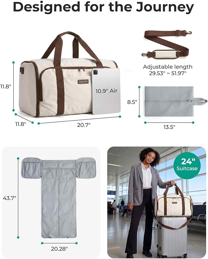 BAGSMART Garment Bag Duffle Bag for Travel Convertible 2 in 1 Suit Bag for Hanging Clothes Carry on Travel Bag with Shoes Bag,Shoulder Strap Weekender for Dresses, Coats, Shirts (White)