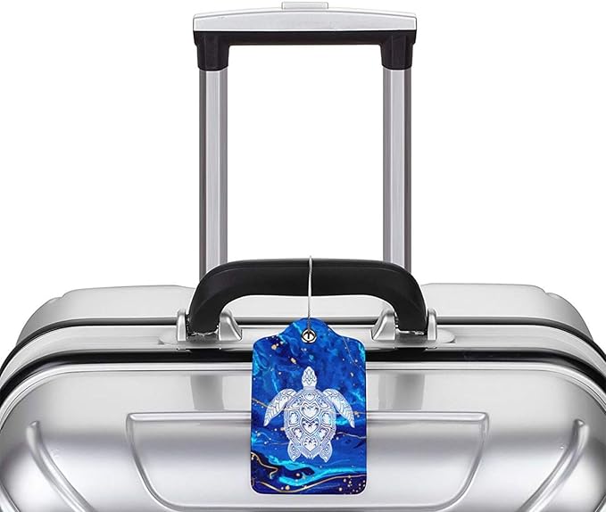 2 Pack Luggage Tag Blue sea Turtle Travel PU Cute Leather Luggage Tag Name ID Labels with Privacy Cover Suitcases Women Men Girls Boys Fun Laggage Tags (Blue sea Turtle)