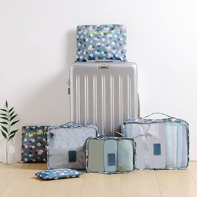 7 Set Packing Cubes Travel Luggage Packing Organizers for Suitcase, Blue Flower