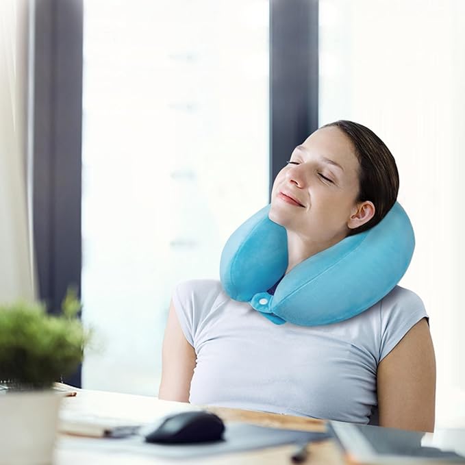 Travel Neck Pillow Comfort Memory Foam Neck Pillows for Airplanes Neck Support Pillow for Sleeping Traveling Trains Cars Offices Home Rest Blue