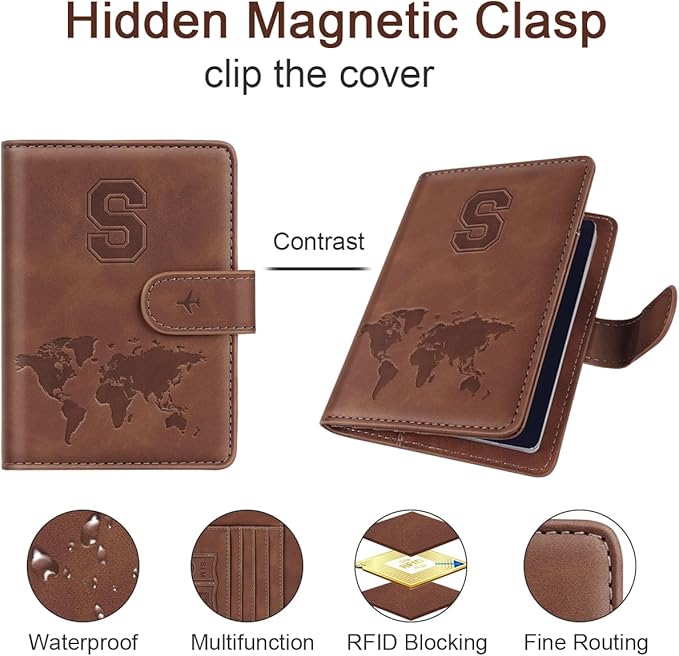 Passport Holder Wallet Cover Personalized Letter A-Z Travel Wallet RFID Blocking Passport Cover Wallet Case for Travel Passport Book Holders for Women and Men, Brown-S