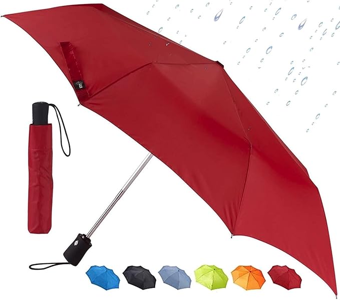 Lewis N. Clark Travel Umbrella: Windproof & Water Repellent Fabric, Automatic Open Close & 1 Year Warranty, Red