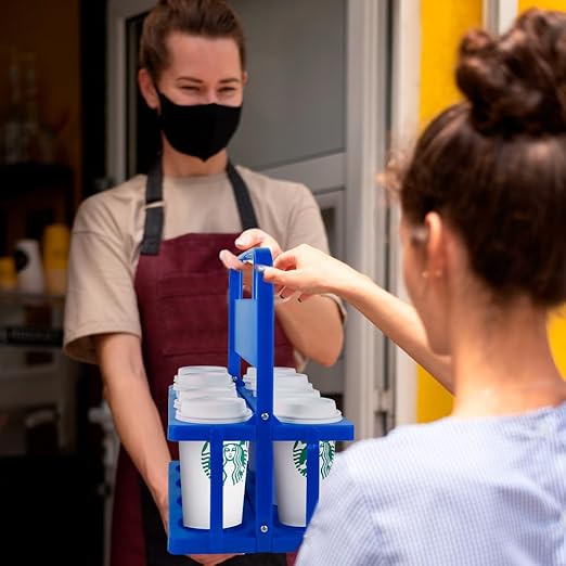 Bodaon 8 Cup Drink Carrier with Handle, Plastic Cup Carriers for Drinks, Drink Holder for Car, Take Out Delivery Drivers Accessories, Portable Foldable Reusable Mobile, Use for Food Delivery Bag, Blue