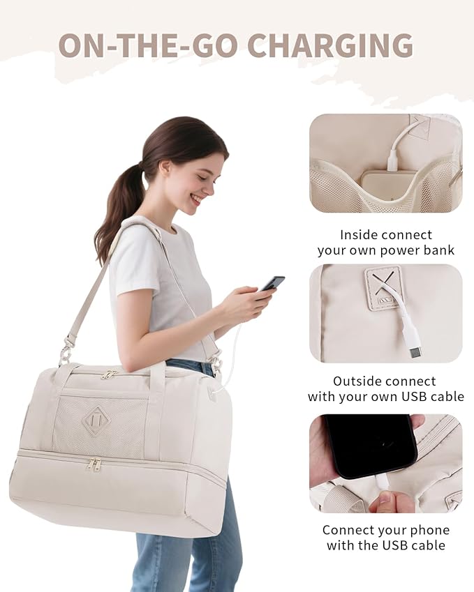 WANDF Travel Duffel Bag with Wet Pocket & Shoe Compartment, 18x14x8 Personal Item Bag with USB Charging Port, Water-Resistant Gym Weekender Overnight Carry-on for Women Men (Beige)