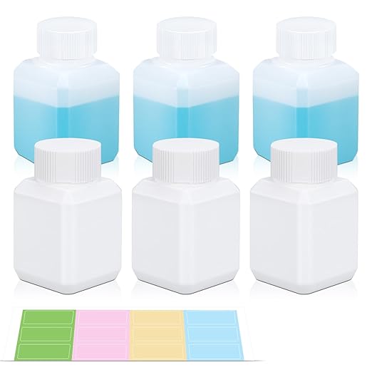 1oz Leak Proof Plastic Bottles with Caps, Laboratory Reagent Bottle, Reusable Small Pill Storage Containers for Travel, Classrooms, Home (3 pack white, 3 pack translucent)