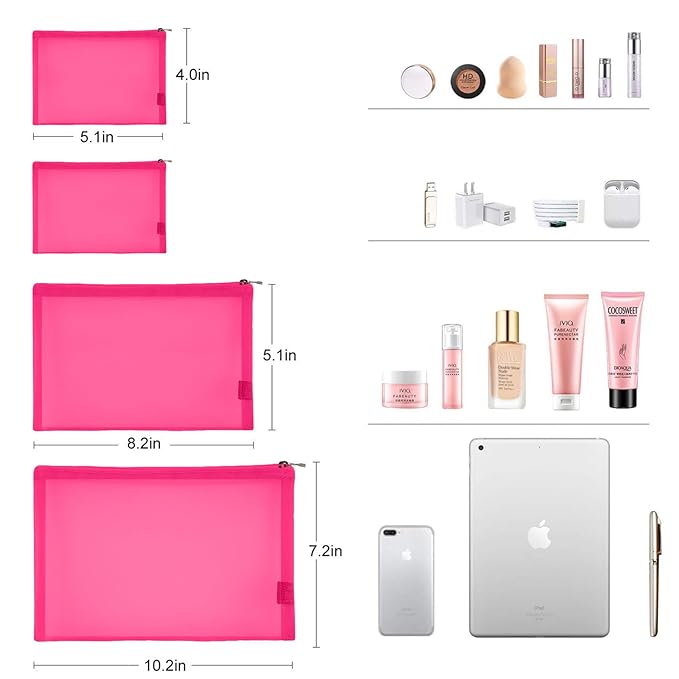 EASYFUN Mesh Pouch, Make up Bag with Zipper Cosmetic Organizer Pouch for Daily or Travel to Keep Small Items, 4 PCS Rose red