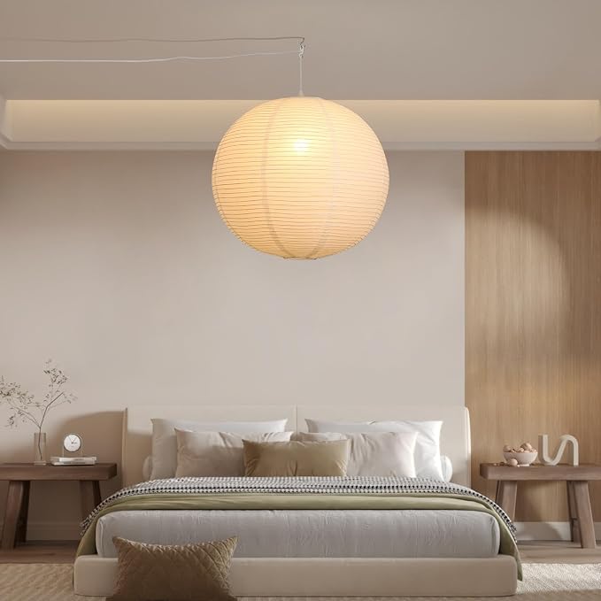 23.6in Paper Lanterns Plug in Hanging Lamp White, 19.7FT Cord | Rice Paper Lamp Lantern Pendant Light Large Globe Japanese Japandi Wabi Sabi Chandelier for Dining Living Room Bedroom 2 Pack