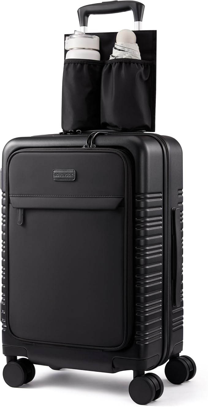 LOVEVOOK Carry On Luggage 22x14x9 Airline Approved with Detachable Pouch, 21 Inch Hardside Suitcases with Spinner Wheels, Lightweight Carry-on Luggage with TSA Lock for Women Men, 2PCS, Black
