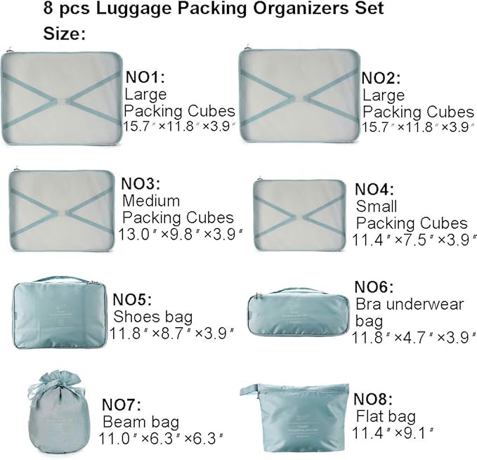 Travel Packing Cubes 8 Pcs Set, Luggage Packing Organizers with Shoe Bag and Toiletry Bag