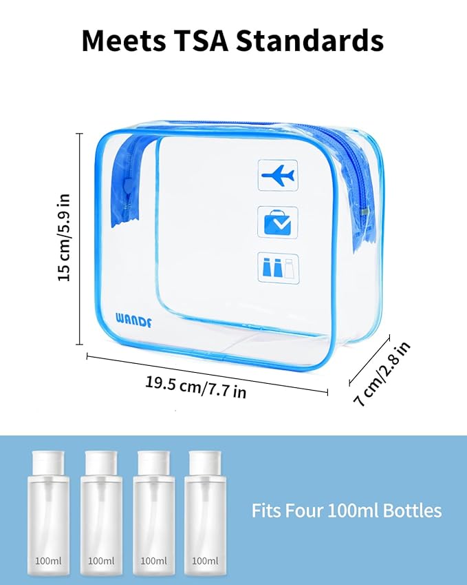 WANDF TSA Approved Toiletry Bag, 2 Packs Travel Clear Toiletry Bag, Quart Size Makeup Cosmetic Pouch with Zipper, Carry-On Airport Compliant Bag for Women and Men (2pcs Navy Blue)