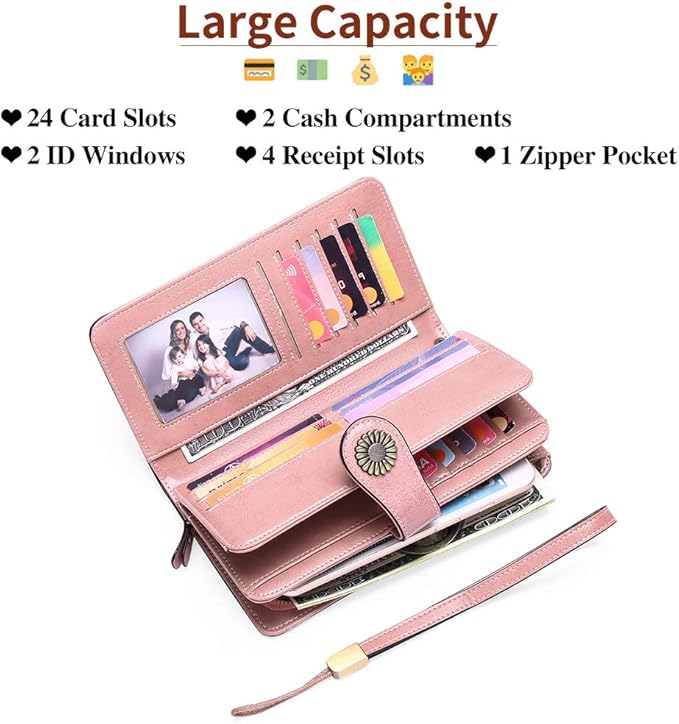 SENDEFN Wallets for Women Leather Credit Card Holder with RFID Blocking Large Capacity Wristlet | with RFID Blocking, Large Capacity, Wristlet, with RFID Blocking, Large Capacity, Wristlet