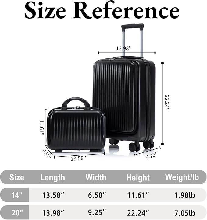 2 Pcs ABS Spinner Luggage Set - 14" Cosmetic Case & 20" Carry-On with Combination Lock, Front Opening Design, Black