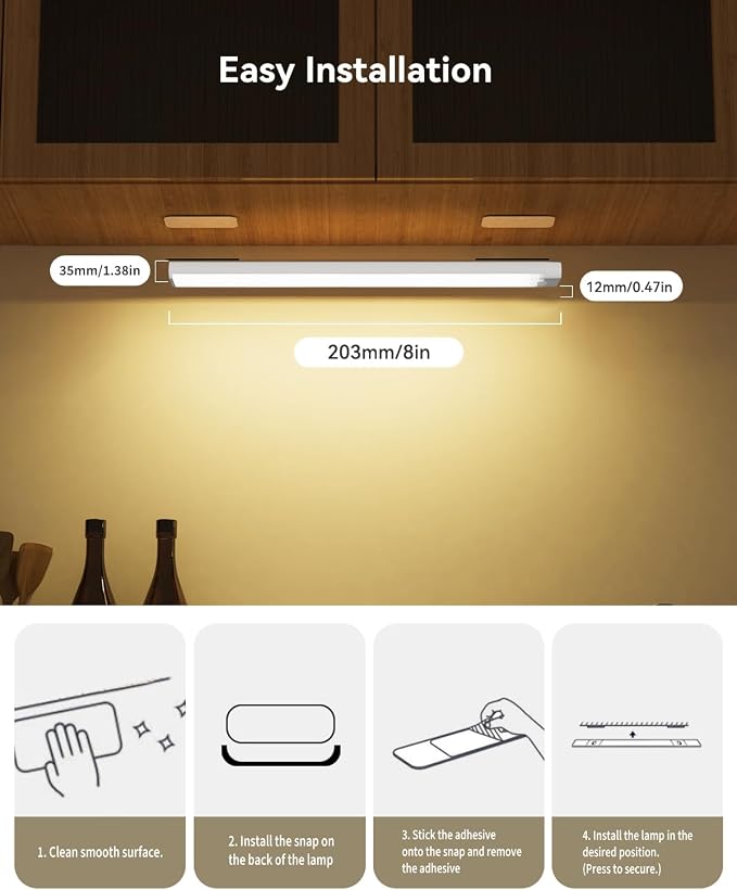 8-in Under Cabinet Lighting Rechargeable with Charge Station, 6 Pack | Motion Sensor Light Indoor Dimmable 3 Color Closet Light, USB Led Stick on Under Counter Lights for Kitchen Pantry