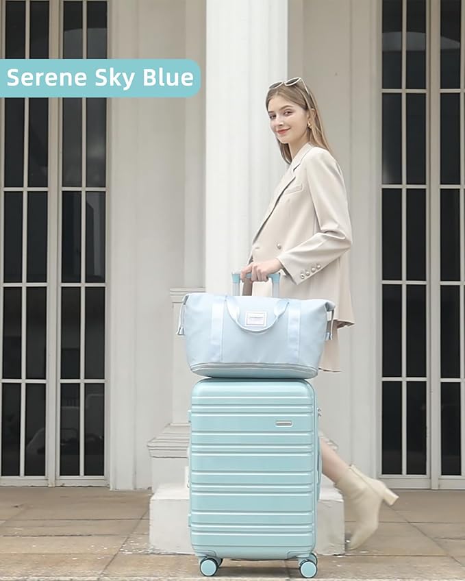 LARVENDER Carry on Luggage 22x14x9 Airline Approved, 20 Inch Hardside Suitcase with Wheels TSA Lock, PC+ABS Lightweight Travel Luggage Sets for Women, Glossy Sky Blue, 3 Piece Set