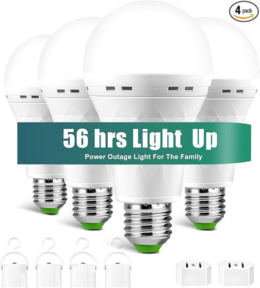 Emergency Rechargeable Light Bulb with Hook,Plug Cap,4 Pack | Stay Lights Up When Power Failure, 1500mAh 12W 60W Equivalent LED Light Bulbs for Home, Camping, Hiking(E27)