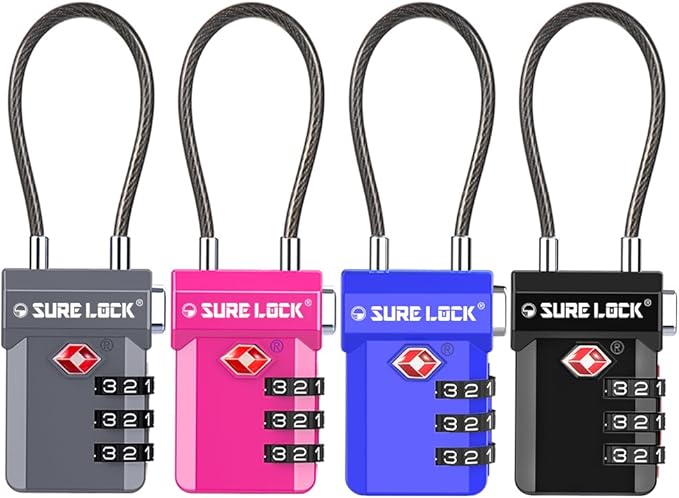 SURE LOCK TSA Approved Luggage Locks – 3-Digit Combination Cable Lock with Red Indicator, Large Dial & Easy-Press Button for Suitcases and Backpacks – Multi-Pack & Color Options