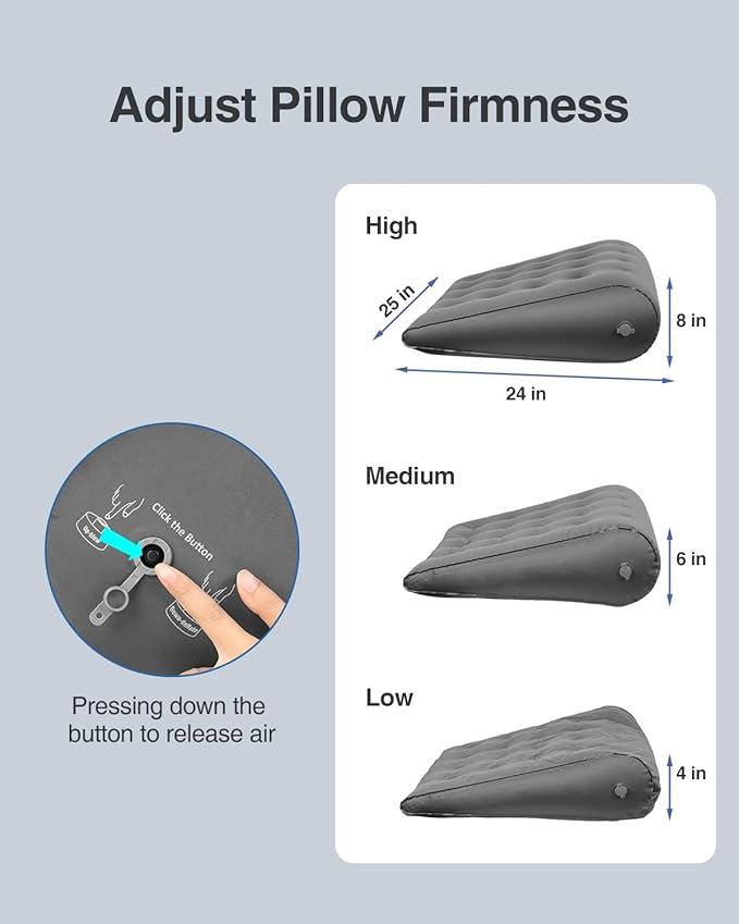 Luxtude Inflatable Wedge Pillow for Traveling, Bed Wedge Pillow for Sleeping, Acid Reflux Relief, Adjustable Travel Wedges Pillows for Sleep Apnea, Post-Surgery, Snoring, Back & Leg Support (Gray)