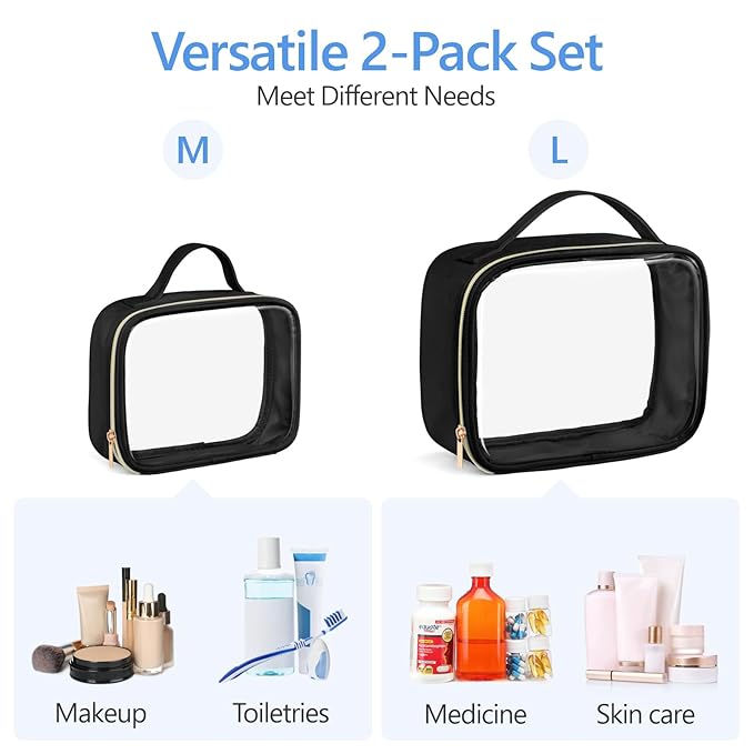 PACKISM Clear Makeup Bag Combo Pack, 1 TSA Approved Medium & Large for Checked Luggage, Clear Toiletry Bag with Handle, Water-resistant Travel Essentials Organizer, Black