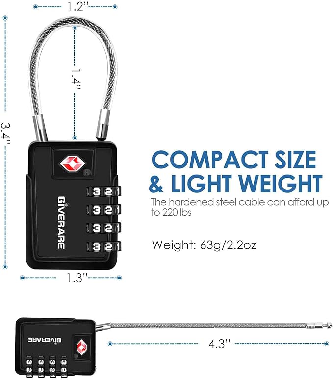 2 Pack TSA Approved Travel Luggage Locks 4-Digit, Metal Cable Suitcase Combination Lock, Alloy Keyless Zipper Padlocks, TSA Accepted Compatible Padlock for Gym Locker, Golf Bag Case, Anti Theft-Black