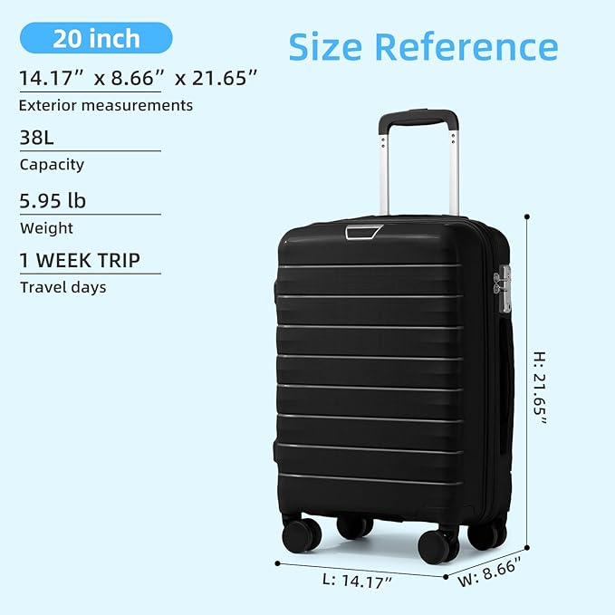 LARVENDER Carry On Luggage 22x14x9 Airline Approved, 20 Inch Hardshell & Lightweight PP Travel Carry On Suitcase for Women with Spinner Wheels TSA Lock, Black