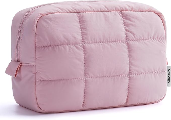 Narwey Puffer Travel Makeup Bag for Women Girl, Quilted Puffy Cosmetic Bag Make Up Bag Organizer, Cute Travel Toiletry Bag for Toiletries (Pink)
