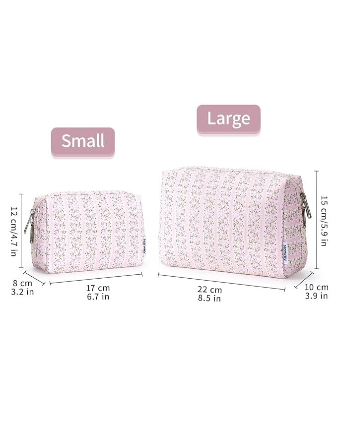 Narwey Small Cute Floral Makeup Bag for Purse Mini Cosmetic Bag Travel Makeup Pouch Zipper Pouch Cute Make up Bags with Compartments for Women Girls (Pink Flower Buds, Small)