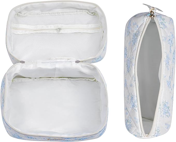 3pcs Large Cotton Quilted Makeup Bag Set,Coquette Aesthetic Cute Travel Toiletry Bag,Drawstring Gift Bag for Women and Girls(3Pcs White Bear)