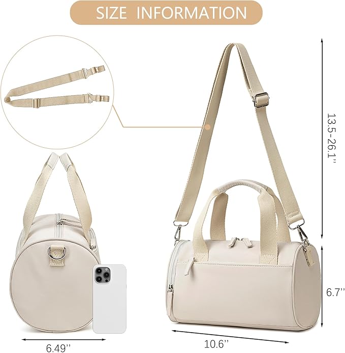 Mini Gym Bag for Women Girls Cute Small Duffle Bag 12'' with Multifunctional Pockets Workout Sport Bags Dance,Fitness,Yoga (Beige-Gray)