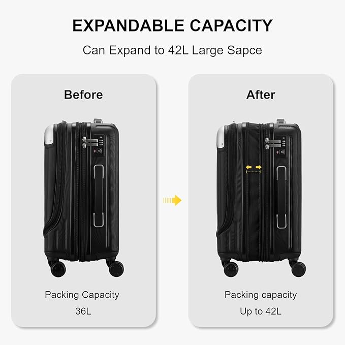 LEVEL8 Grace Hard Shell Carry on Luggage with Front Compartment, 20 Inch Expandable Suitcases with Wheels, Lightweight Carry-on Suitcase for Airplane, Tsa Lock, Black