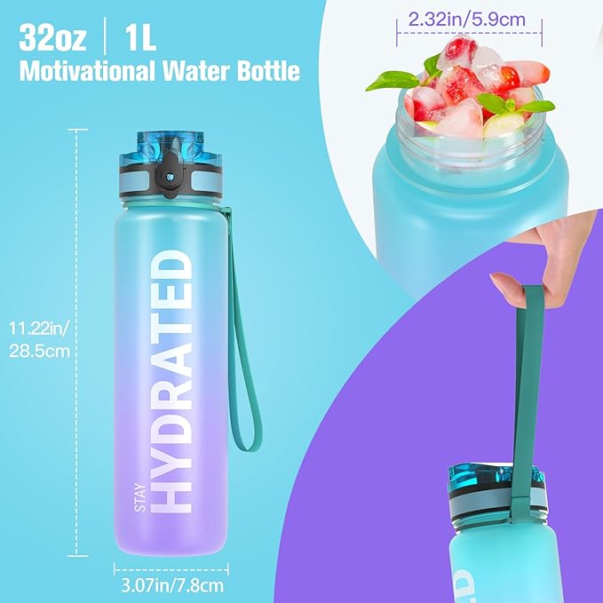 Sahara Sailor Water Bottle 32oz, Durable and Leakproof Water Bottles Motivational with Time Marker, Tritan, BPA Free, Wide Mouth with Easy Clean Brush for Gym, Travel, Home, School, Office (1 Bottle)