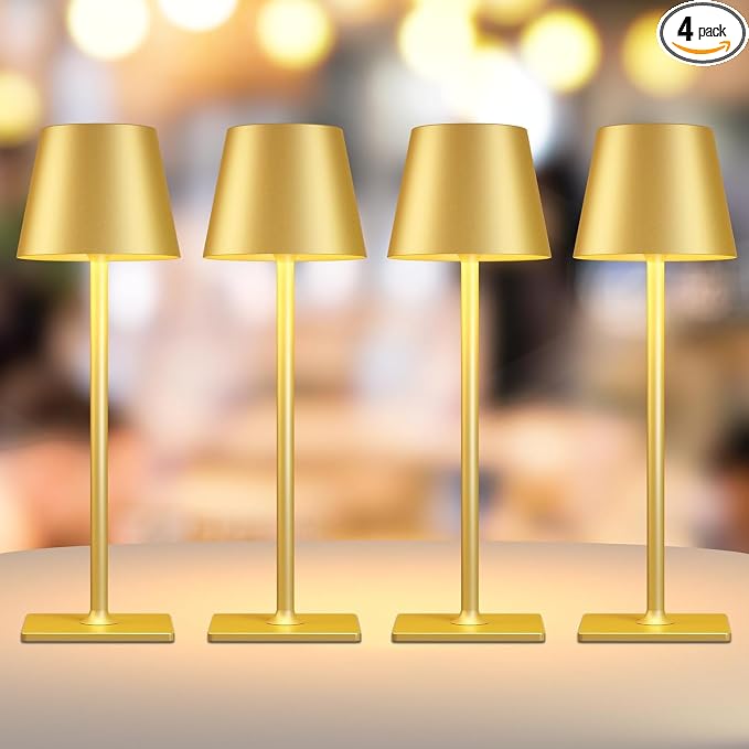 Yogaret 4 Pack Gold Rechargeable Led Cordless Table Lamps,Cordless Lamp with 6000mAh Battery Operated,Wireless Lamp for Restaurant Home Dinner Dining Kitchen Outdoor Patio,Waterproof & Portable