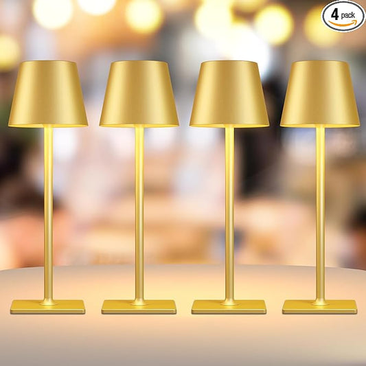 Yogaret 4 Pack Gold Rechargeable Led Cordless Table Lamps,Cordless Lamp with 6000mAh Battery Operated,Wireless Lamp for Restaurant Home Dinner Dining Kitchen Outdoor Patio,Waterproof & Portable