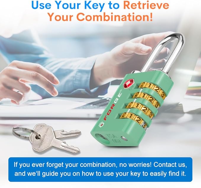 Forge Dual-Opening: Key or Combination Access Lock, TSA Approved Locks for Luggage, Pelican case, Travel, Gym, School, Stainless Steel Shackle. (Green, 4 Pk)