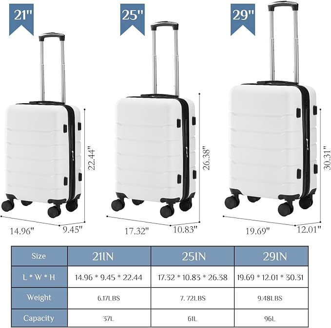 NEWBULIG 3-PCS Set Suitcases Spinner Wheels Lightweight Expandable Travel Hard Shell Luggage with TSA Lock, White