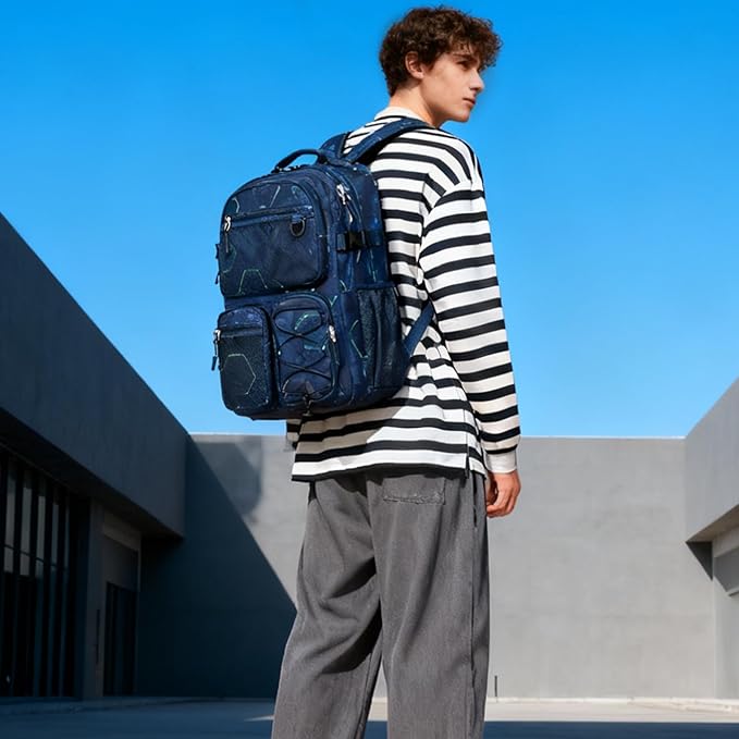 Lohol Multi-Pocket Backpack for Travel College, Heavy Duty Big Bookbag with 15.6 inch Laptop Compartment (Navy Geometry