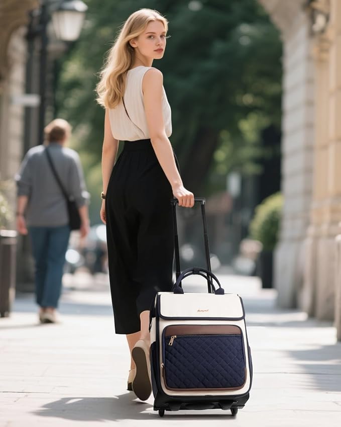 Rolling Backpack for Women, Travel Rolling Laptop Backpack with Wheels, Vertical & Horizontal Storage 2 In 1, Flip-Top Design, Water-Resistant Overnight College Underseat Carry on Luggage, Navy Blue