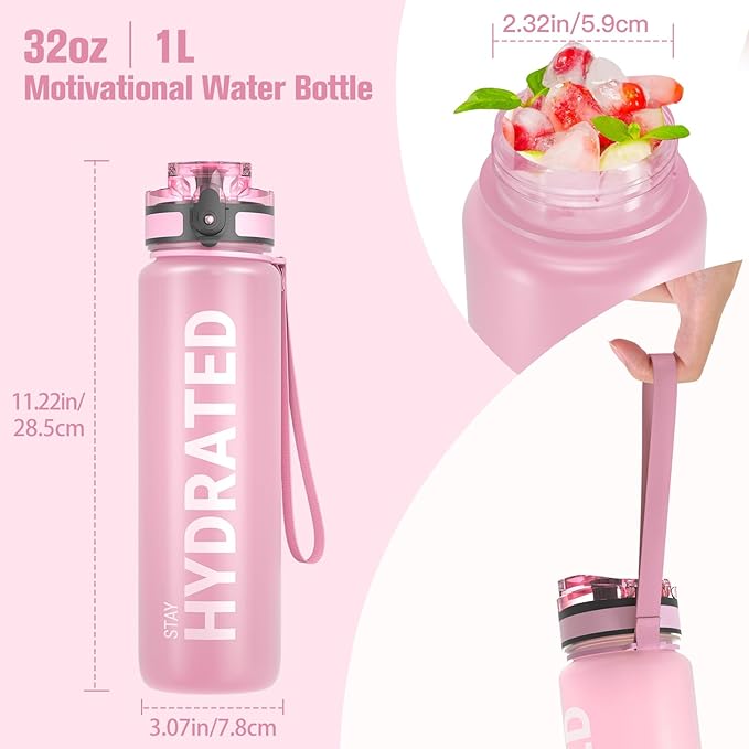 Sahara Sailor Water Bottle 32oz, Durable and Leakproof Water Bottles Motivational with Time Marker, Tritan, BPA Free, Wide Mouth with Easy Clean Brush for Gym, Travel, Home, School, Office (1 Bottle)