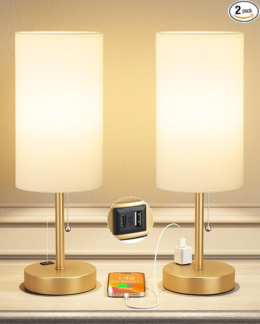 17.4" Gold Bedside Table Lamps Set of 2 - Bedroom Lamp, USB C+A, AC Outlet | 3CCT(3000/4000/5000K), LED Bulbs Included, White Fabric Lampshade, 17.4in Large Lamp for Nightstand, Living Room, Dorm, Desk