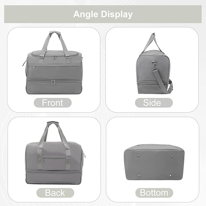 Carry On Travel Duffel Bag for Women & Men,Overnight Weekender Bag with Shoe Compartment,Trolley Sleeve and Adjustable Shoulder Strap,Business & Weekend Travel,Gym,Sports,Yoga & Dance(Medium Gray)
