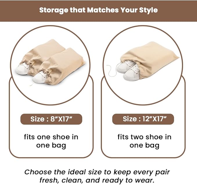 LFH Cotton Shoe Storage Bags with Drawstring, Dustproof Breathable Reusable Organizer, Perfect For Travel, Dorm, Hotel, College, Gym, Easy to Carry, Machine Washable 12"x17" (Pack of 4) - Natural