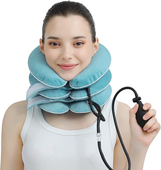 Cervical Neck Traction Device for Neck Pain Relief - Inflatable Neck Stretcher Traction Collar for Neck Decompression - Best Home Use Neck Brace Pump (Blue Plush)