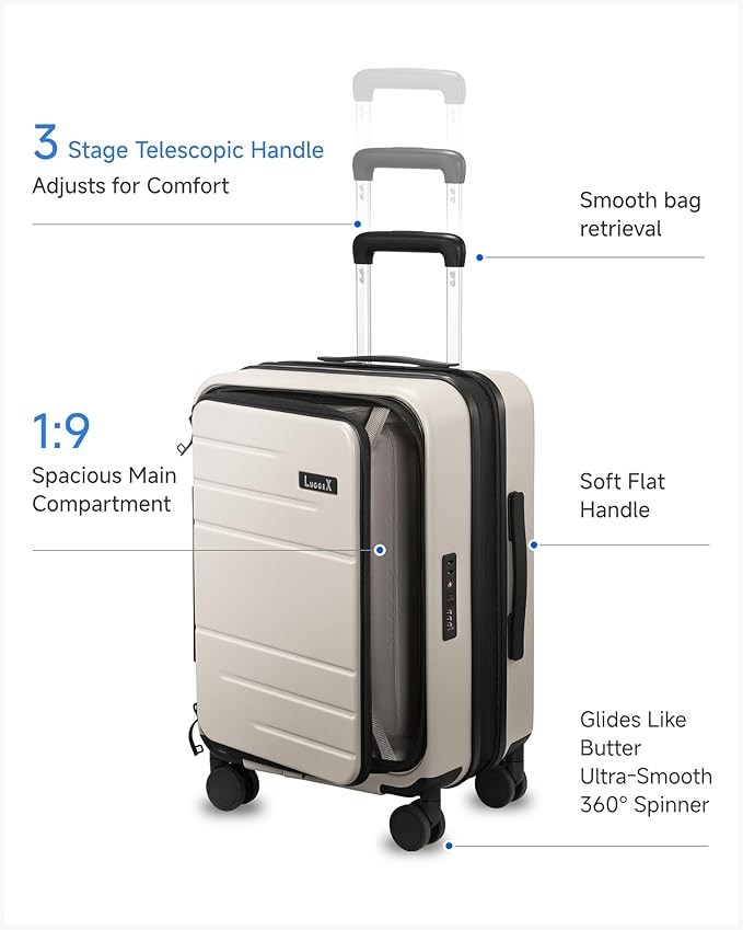 LUGGEX Carry On Luggage Top Opening, FLT Expandable Polycarbonate Hard Shell Suitcase with Wheels (FX-Lite, Beige, 20 Inch, 36L-41L)
